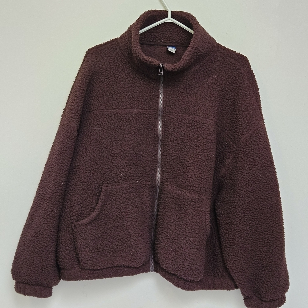 Old Navy Sz L Oversized Slouchy Cozy Dark Brown Sherpa Fleece Zipper Jacket